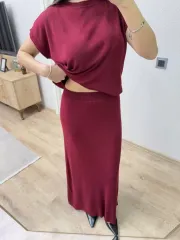 Bisiklet Yaka Bluz Uzun Etekli ikili Takım Triko - Bordo