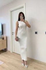 Fitilli Triko Elbise Maxi Uzun boy - Beyaz