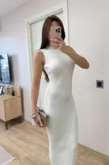 Fitilli Triko Elbise Maxi Uzun boy - Beyaz