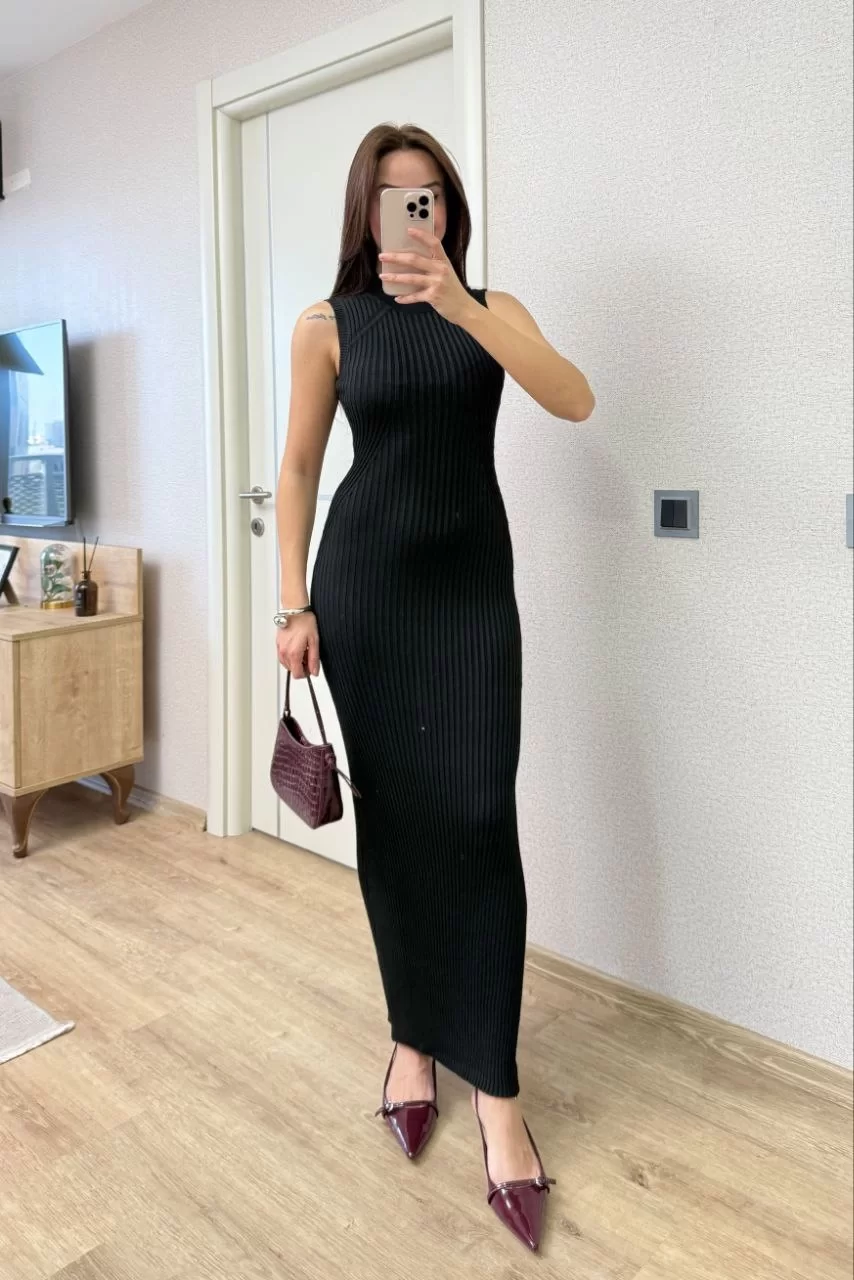 Fitilli Triko Elbise Maxi Uzun boy - Siyah