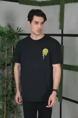 Unisex Bisiklet Yaka Baskılı Oversize T-Shirt - Siyah