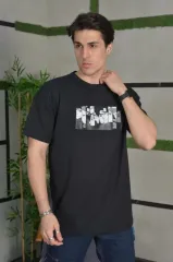 Unisex Bisiklet Yaka Baskılı Oversize T-Shirt - Siyah