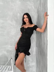 Göğüs Bağlamalı Mini Elbise - Siyah