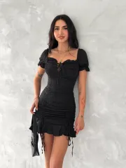 Göğüs Bağlamalı Mini Elbise - Siyah