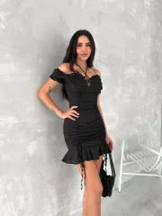 Göğüs Bağlamalı Mini Elbise - Siyah