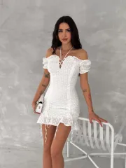 Göğüs Bağlamalı Mini Elbise - Beyaz