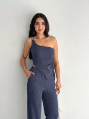Asimetrik Crop Pantalon ikili Takım - Lacivert