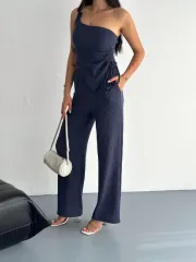 Asimetrik Crop Pantalon ikili Takım - Lacivert