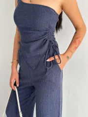 Asimetrik Crop Pantalon ikili Takım - Lacivert