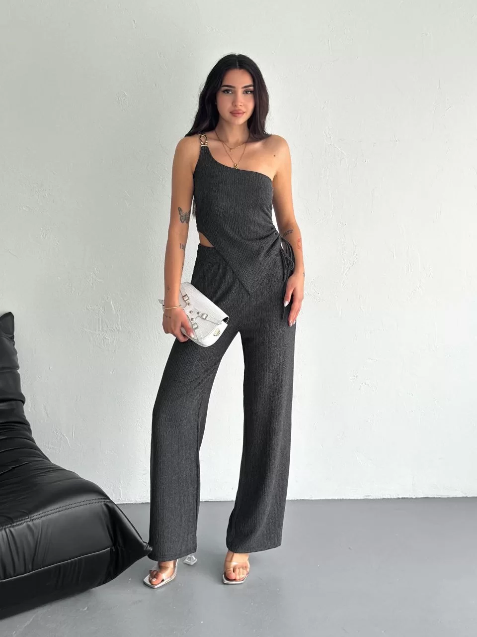 Asimetrik Crop Pantalon ikili Takım - Füme