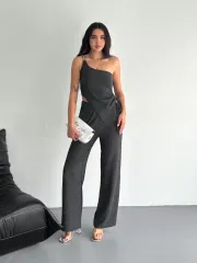 Asimetrik Crop Pantalon ikili Takım - Füme