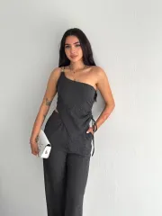 Asimetrik Crop Pantalon ikili Takım - Füme