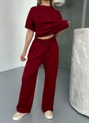 Osy Modal Yumuşak Dokulu Kumaş   Kısa Kollu Bluz Rahat Pantalon ikili Takım- Bordo