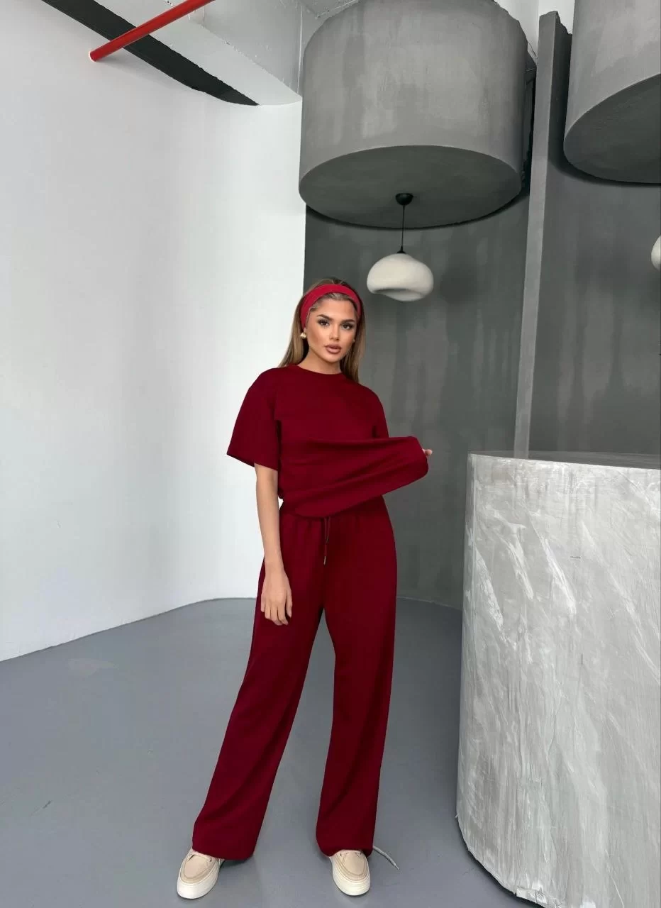 Osy Modal Yumuşak Dokulu Kumaş   Kısa Kollu Bluz Rahat Pantalon ikili Takım- Bordo