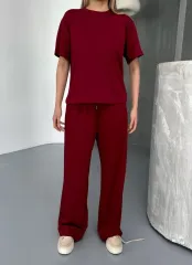 Osy Modal Yumuşak Dokulu Kumaş   Kısa Kollu Bluz Rahat Pantalon ikili Takım- Bordo