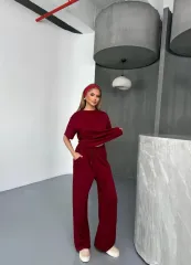Osy Modal Yumuşak Dokulu Kumaş   Kısa Kollu Bluz Rahat Pantalon ikili Takım- Bordo