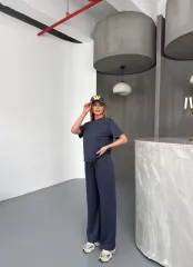 Osy Modal Yumuşak Dokulu Kumaş Kısa Kollu Bluz Rahat Pantalon ikili Takım- Füme