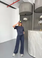 Osy Modal Yumuşak Dokulu Kumaş Kısa Kollu Bluz Rahat Pantalon ikili Takım- Füme
