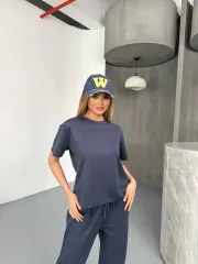 Osy Modal Yumuşak Dokulu Kumaş Kısa Kollu Bluz Rahat Pantalon ikili Takım- Füme