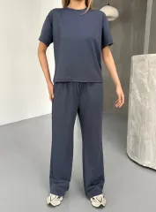 Osy Modal Yumuşak Dokulu Kumaş Kısa Kollu Bluz Rahat Pantalon ikili Takım- Füme