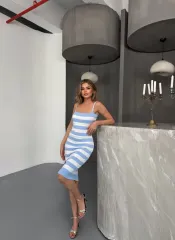 Cizgili Triko Askılı Elbise- Açık Mavi