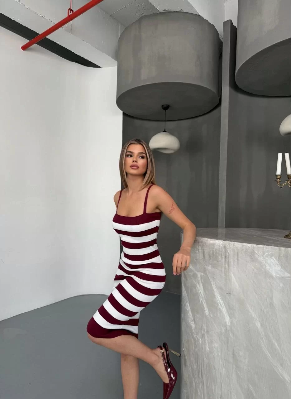Cizgili Triko Askılı Elbise- Bordo
