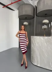 Cizgili Triko Askılı Elbise- Bordo