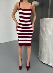 Cizgili Triko Askılı Elbise- Bordo
