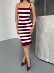 Cizgili Triko Askılı Elbise- Bordo