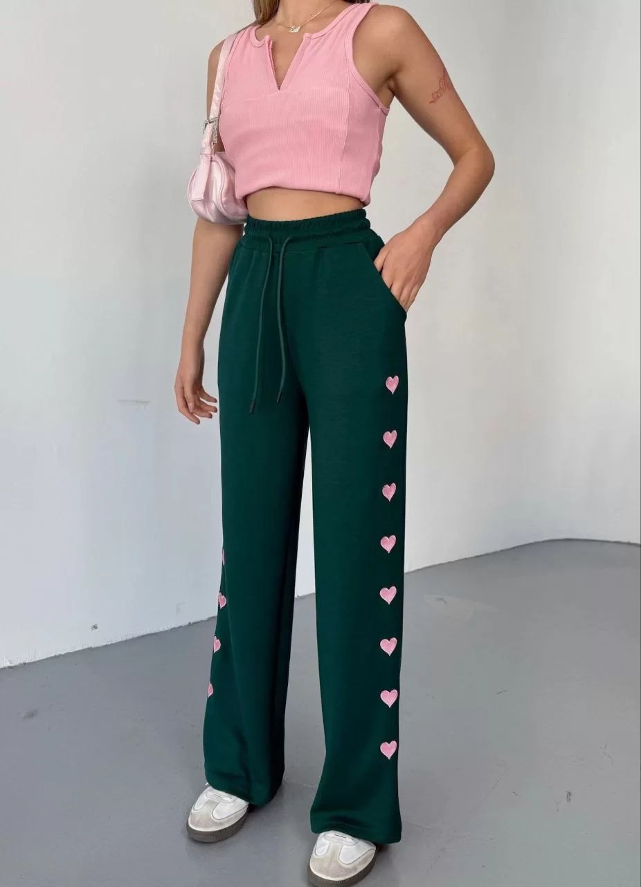 Osy Modal Yumuşak Dokulu Kumaş Nakış işlemeli Rahat Bol Paça Eşofman Pantalon - Haki