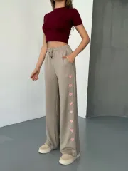 Osy Modal Yumuşak Dokulu Kumaş Nakış işlemeli Rahat Bol Paça Eşofman Pantalon - Bej
