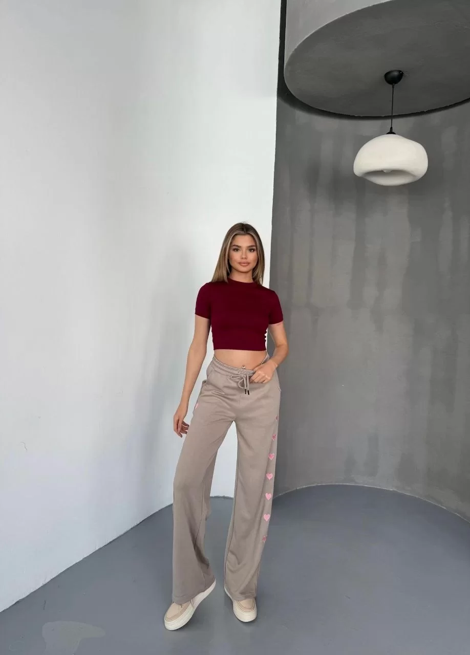 Osy Modal Yumuşak Dokulu Kumaş Nakış işlemeli Rahat Bol Paça Eşofman Pantalon - Bej
