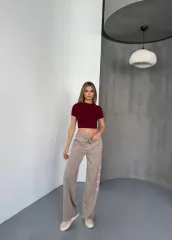 Osy Modal Yumuşak Dokulu Kumaş Nakış işlemeli Rahat Bol Paça Eşofman Pantalon - Bej