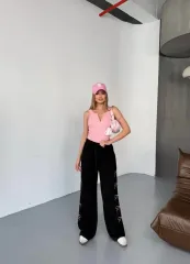 Osy Modal Yumuşak Dokulu Kumaş Nakış işlemeli Rahat Bol Paça Eşofman Pantalon - Siyah