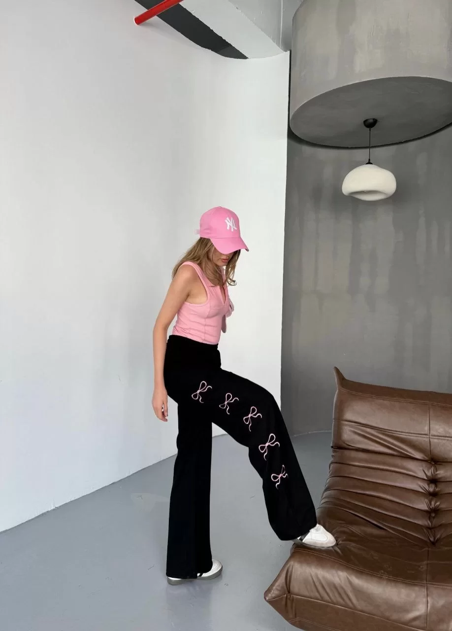 Osy Modal Yumuşak Dokulu Kumaş Nakış işlemeli Rahat Bol Paça Eşofman Pantalon - Siyah