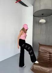 Osy Modal Yumuşak Dokulu Kumaş Nakış işlemeli Rahat Bol Paça Eşofman Pantalon - Siyah