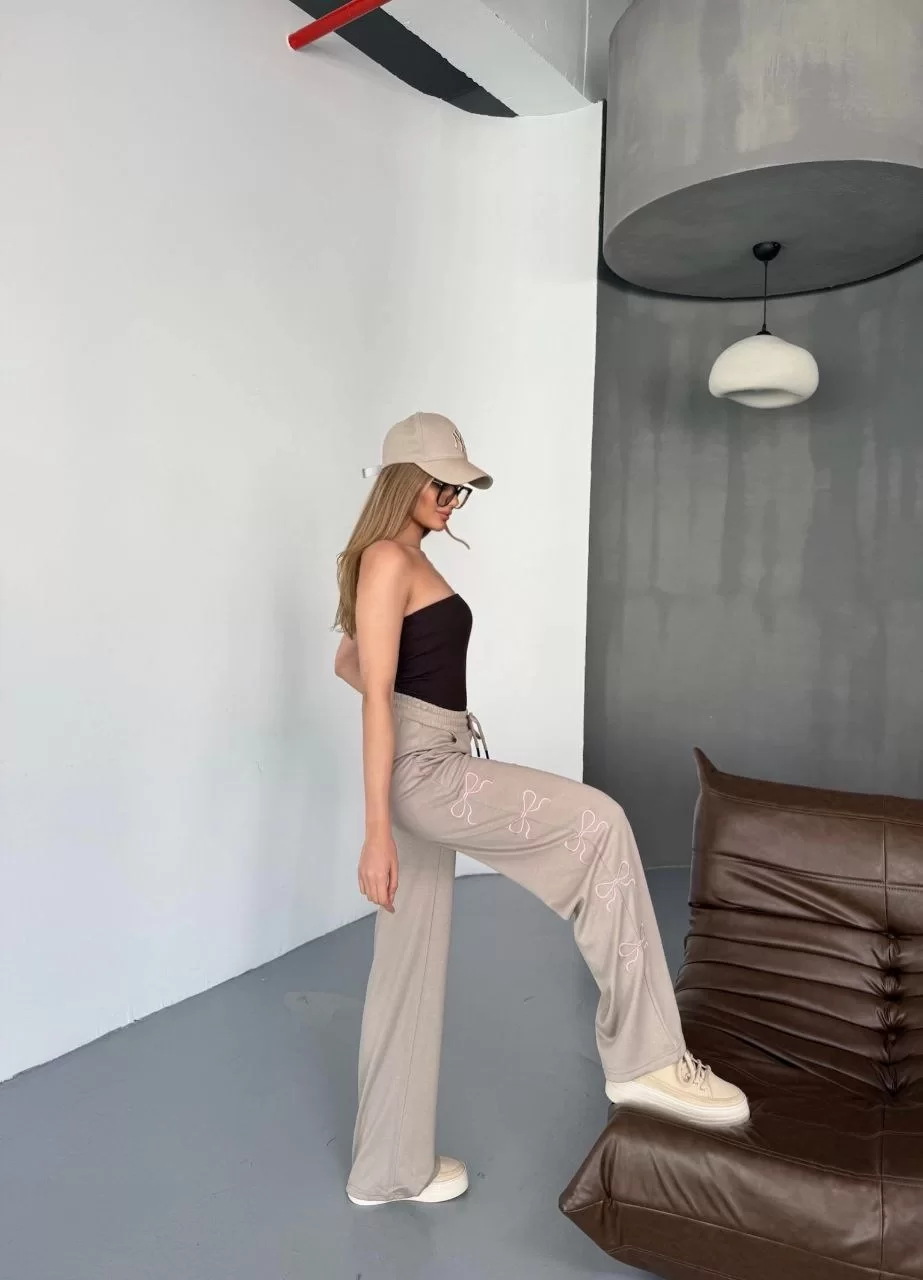 Osy Modal Yumuşak Dokulu Kumaş Nakış işlemeli Rahat Bol Paça Eşofman Pantalon - Bej