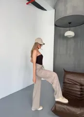 Osy Modal Yumuşak Dokulu Kumaş Nakış işlemeli Rahat Bol Paça Eşofman Pantalon - Bej