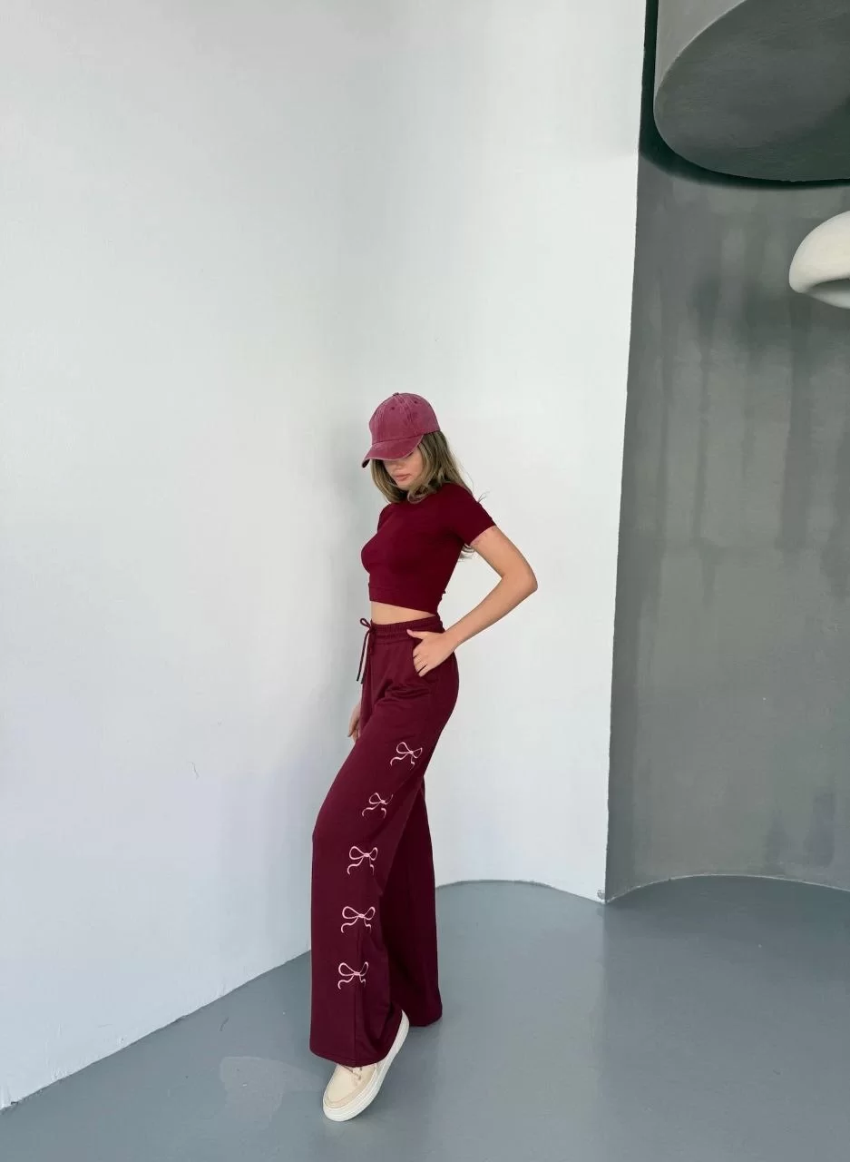 Osy Modal Yumuşak Dokulu Kumaş Nakış işlemeli Rahat Bol Paça Eşofman Pantalon - Bordo