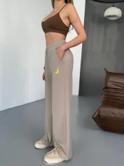 Osy Modal Yumuşak Dokulu Kumaş Nakış işlemeli Rahat Bol Paça Eşofman Pantalon - Bej