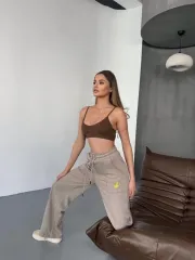Osy Modal Yumuşak Dokulu Kumaş Nakış işlemeli Rahat Bol Paça Eşofman Pantalon - Bej