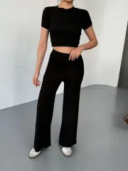 Osy Modal Yumuşak Dokulu Kumaş Kısa Kollu Crop Rahat Pantalon ikili Takım - Siyah