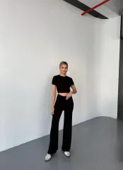Osy Modal Yumuşak Dokulu Kumaş Kısa Kollu Crop Rahat Pantalon ikili Takım - Siyah