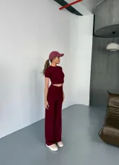 Osy Modal Yumuşak Dokulu Kumaş Kısa Kollu Crop Rahat Pantalon ikili Takım - Bordo