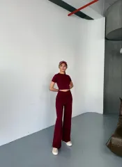 Osy Modal Yumuşak Dokulu Kumaş Kısa Kollu Crop Rahat Pantalon ikili Takım - Bordo