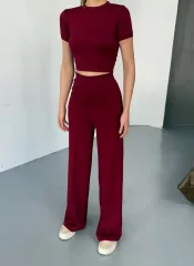 Osy Modal Yumuşak Dokulu Kumaş Kısa Kollu Crop Rahat Pantalon ikili Takım - Bordo