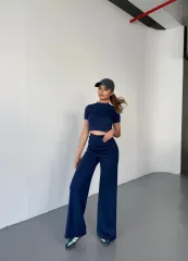 Osy Modal Yumuşak Dokulu Kumaş Kısa Kollu Crop Rahat Pantalon ikili Takım - Lacivert