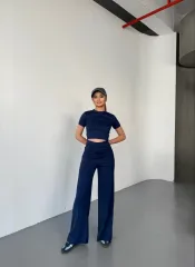Osy Modal Yumuşak Dokulu Kumaş Kısa Kollu Crop Rahat Pantalon ikili Takım - Lacivert