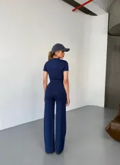 Osy Modal Yumuşak Dokulu Kumaş Kısa Kollu Crop Rahat Pantalon ikili Takım - Lacivert
