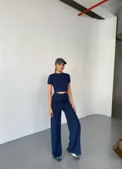 Osy Modal Yumuşak Dokulu Kumaş Kısa Kollu Crop Rahat Pantalon ikili Takım - Lacivert